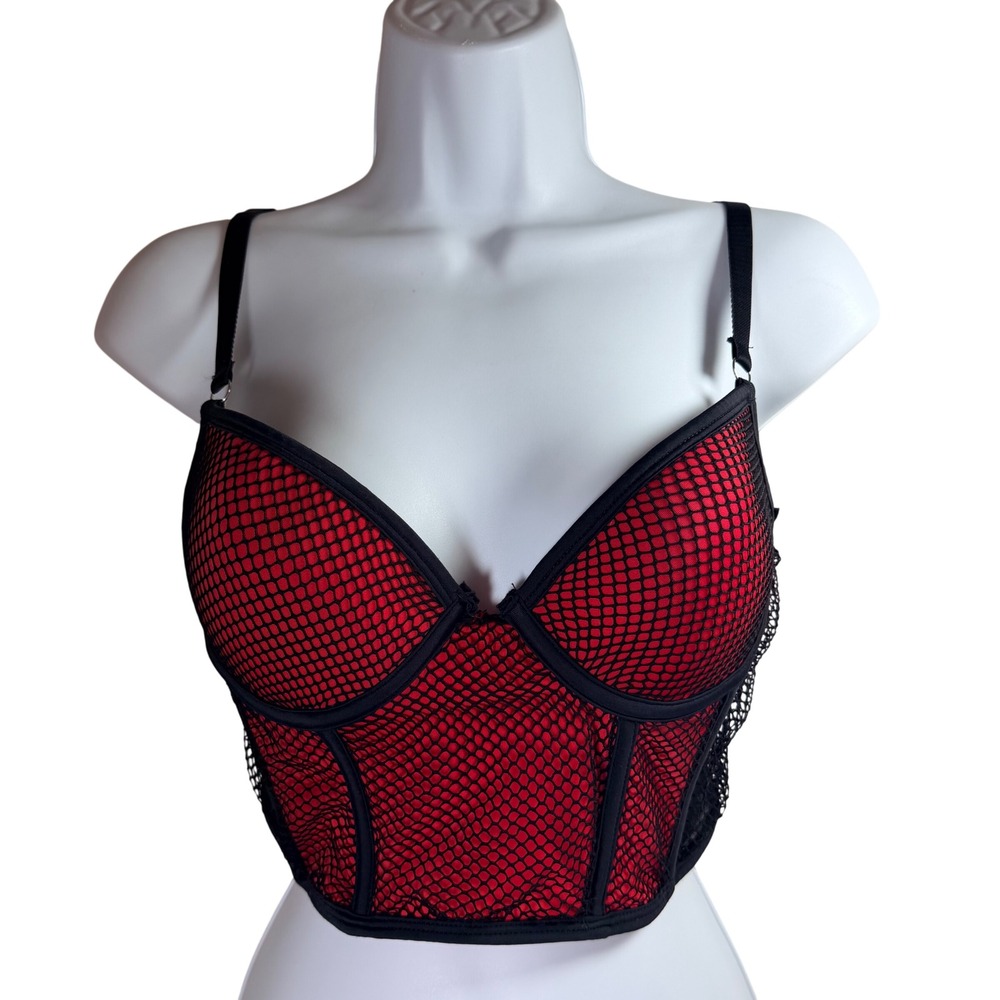 Hot Topic Morbid Threads Red Black Fishnet Corset Top‎ Vintage Longline Bra 34B